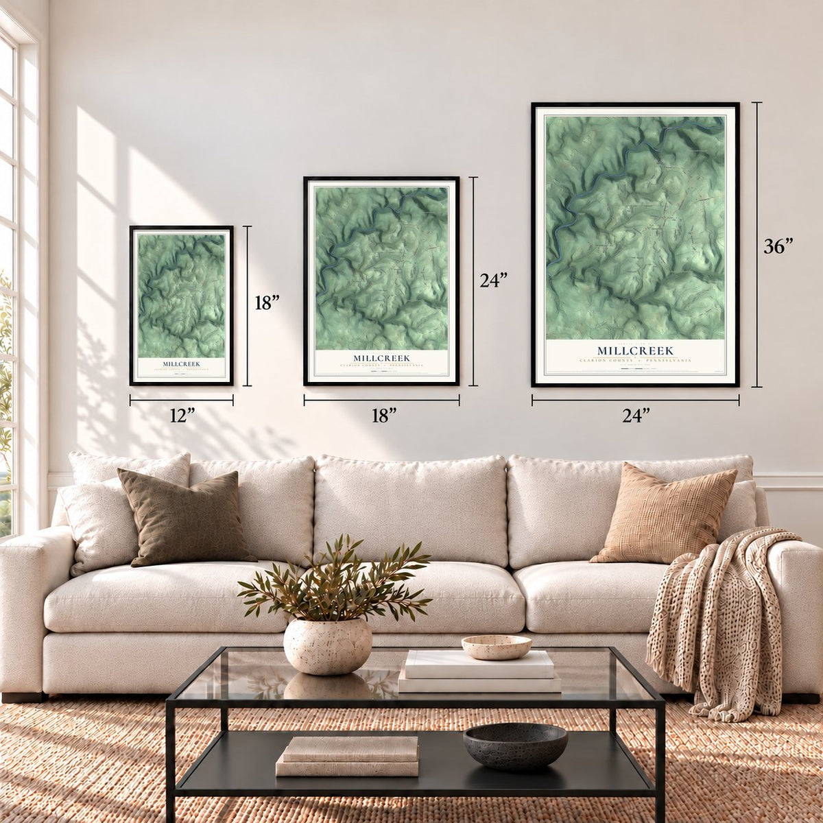 Millcreek, Clarion County, Pennsylvania map in 12 x 18, 18 x 24 and 24 x 36 inch sizes above a sofa
