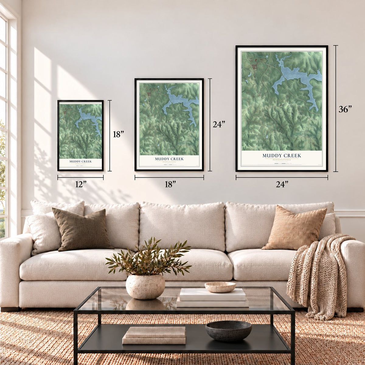Muddy Creek, Pennsylvania map in 12 x 18, 18 x 24 and 24 x 36 inch sizes above a sofa
