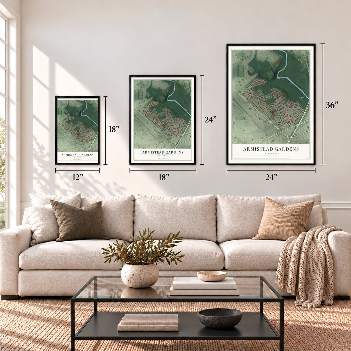 Armistead Gardens, Maryland map in 12 x 18, 18 x 24 and 24 x 36 inch sizes above a sofa