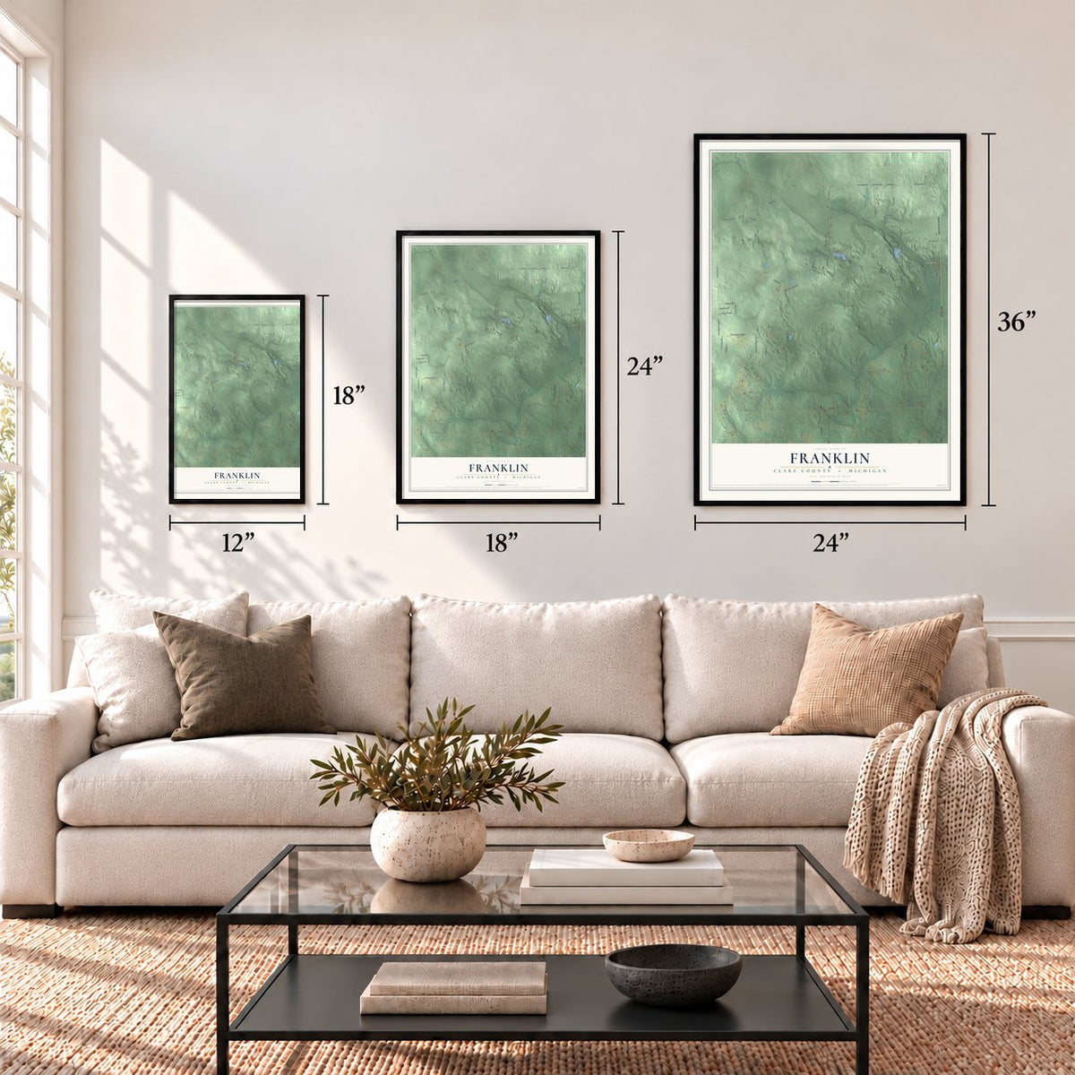 Franklin, Clare County, Michigan map in 12 x 18, 18 x 24 and 24 x 36 inch sizes above a sofa
