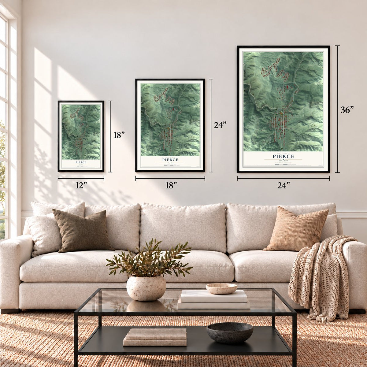 Pierce, Idaho map in 12 x 18, 18 x 24 and 24 x 36 inch sizes above a sofa