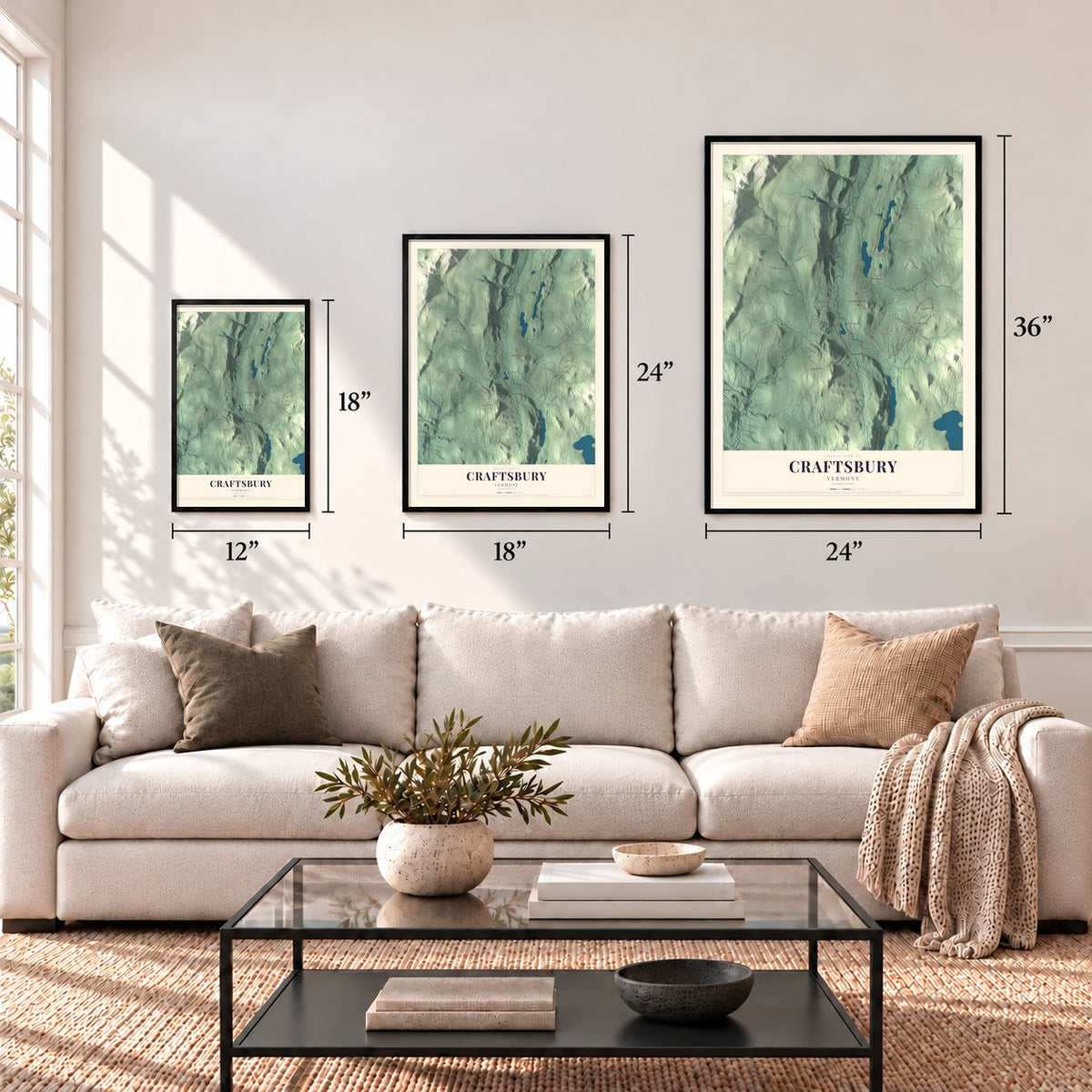 Craftsbury, Vermont map in 12 x 18, 18 x 24 and 24 x 36 inch sizes above a sofa