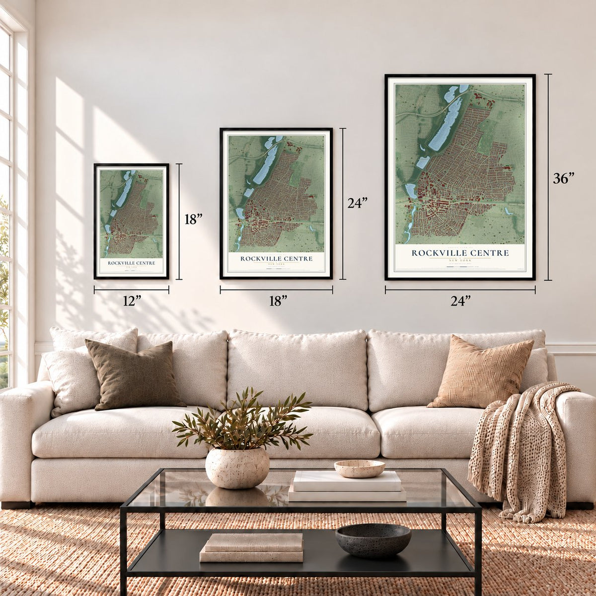 Rockville Centre, New York map in 12 x 18, 18 x 24 and 24 x 36 inch sizes above a sofa