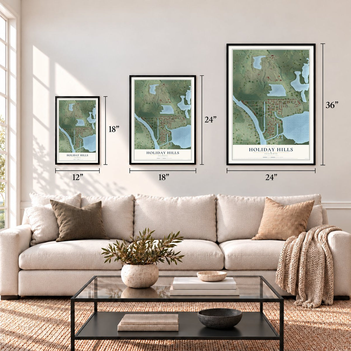 Holiday Hills, Illinois map in 12 x 18, 18 x 24 and 24 x 36 inch sizes above a sofa