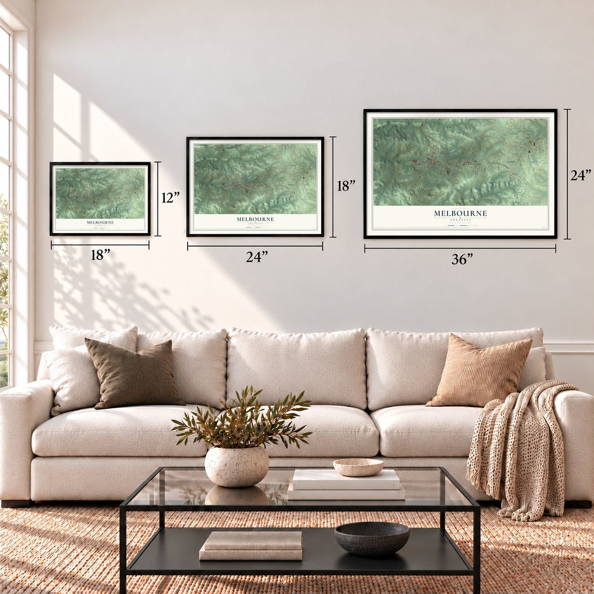 Melbourne, Arkansas map in 12 x 18, 18 x 24 and 24 x 36 inch sizes above a sofa