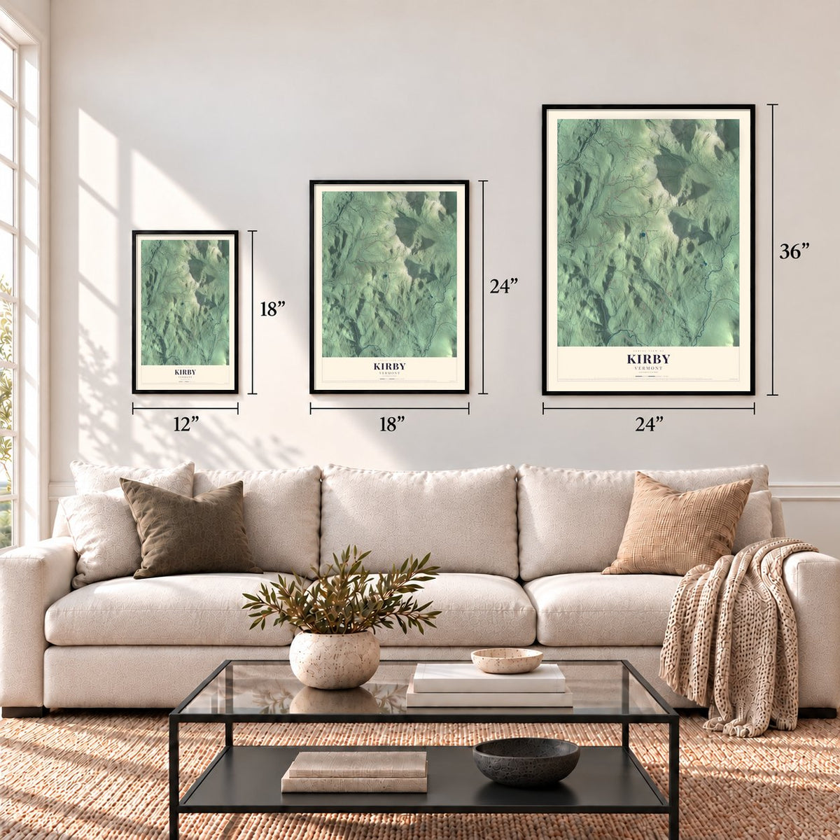 Kirby, Vermont map in 12 x 18, 18 x 24 and 24 x 36 inch sizes above a sofa