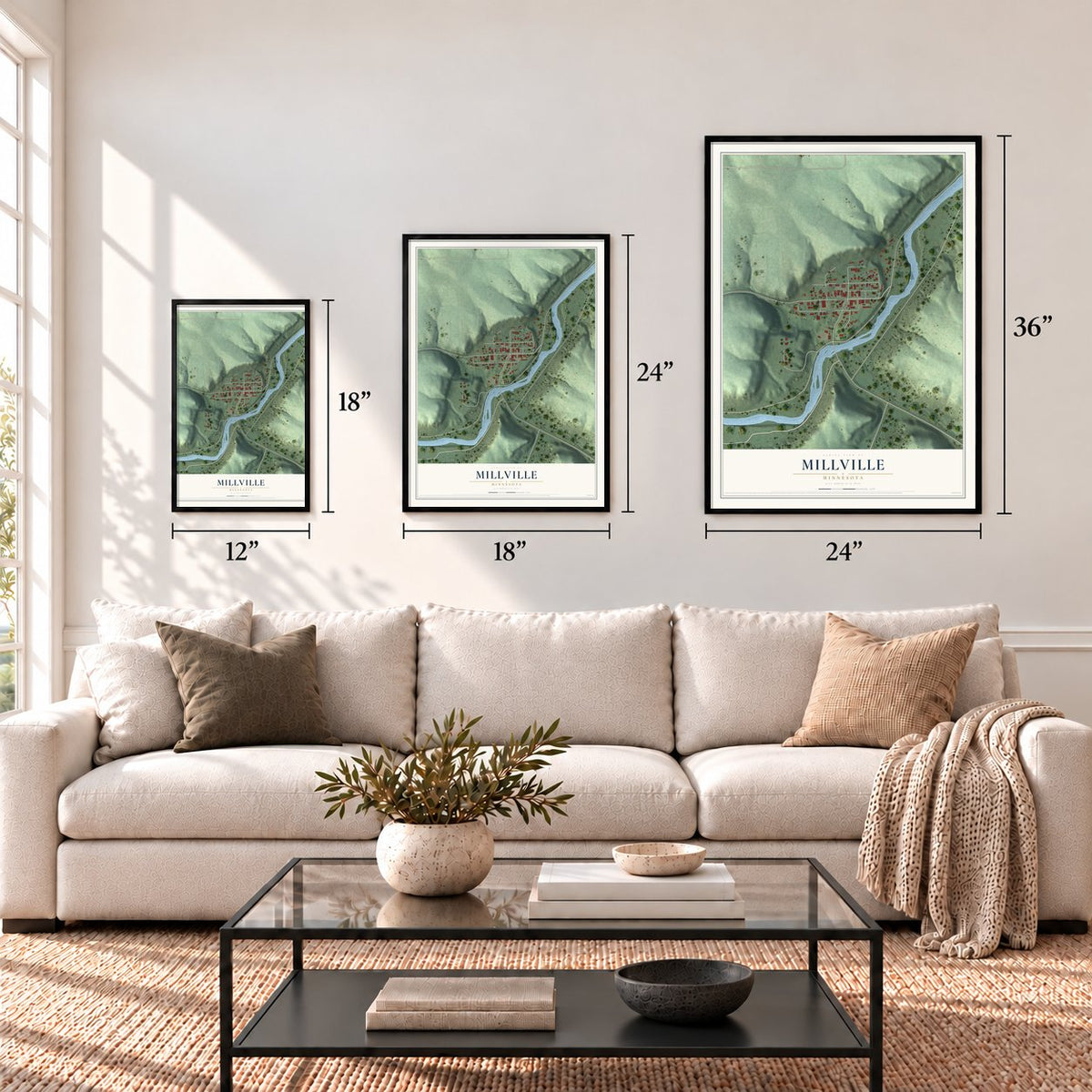 Millville, Minnesota map in 12 x 18, 18 x 24 and 24 x 36 inch sizes above a sofa