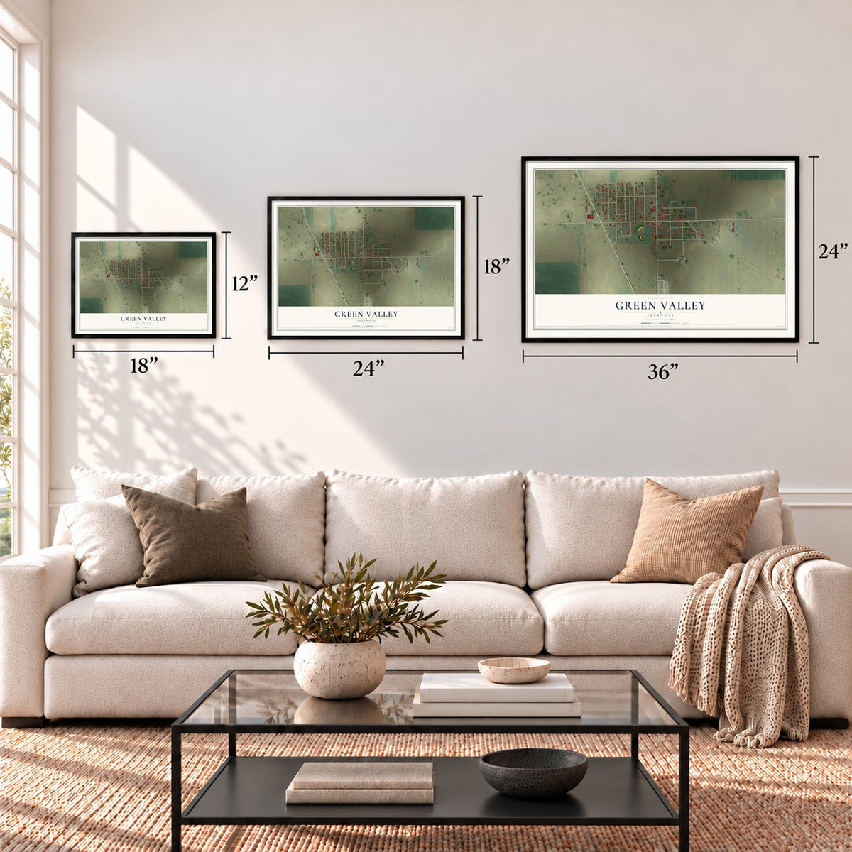 Green Valley, Illinois map in 12 x 18, 18 x 24 and 24 x 36 inch sizes above a sofa