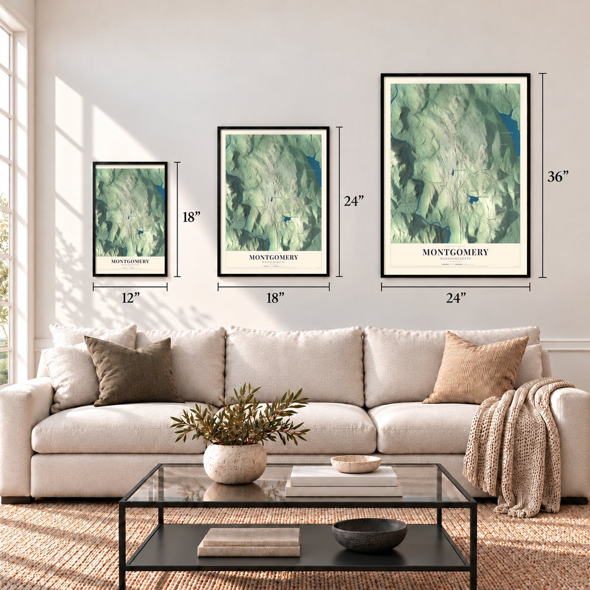 Montgomery, Massachusetts map in 12 x 18, 18 x 24 and 24 x 36 inch sizes above a sofa