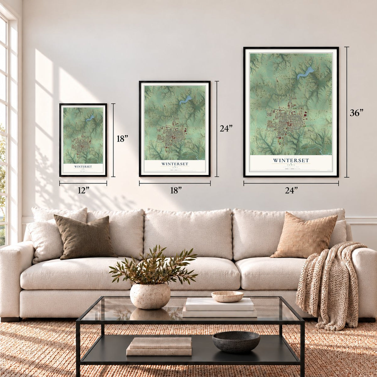 Winterset, Iowa map in 12 x 18, 18 x 24 and 24 x 36 inch sizes above a sofa