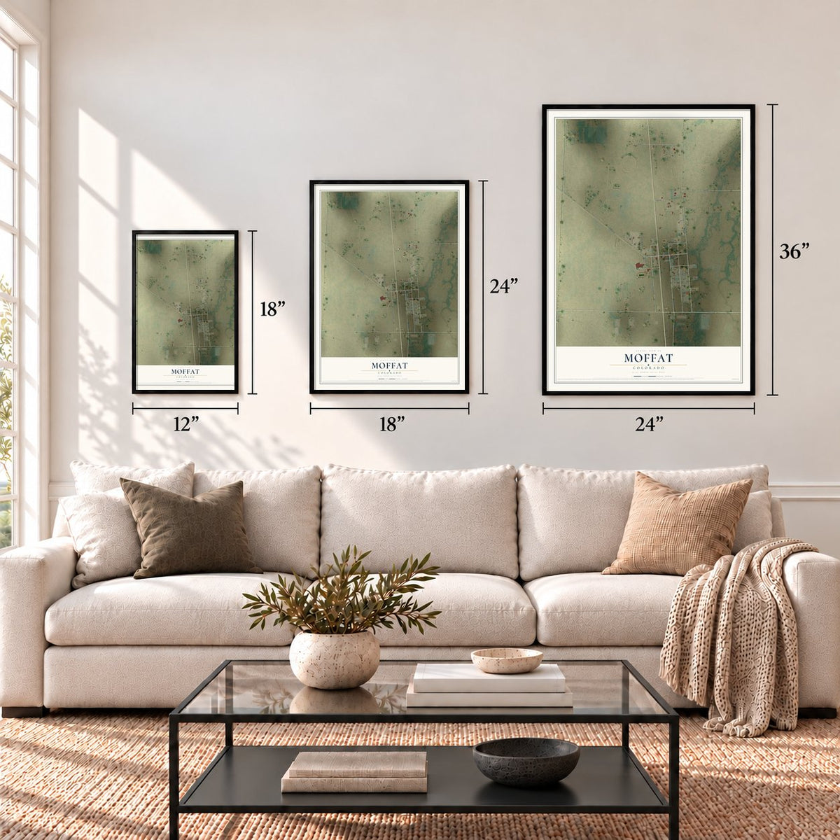 Moffat, Colorado map in 12 x 18, 18 x 24 and 24 x 36 inch sizes above a sofa
