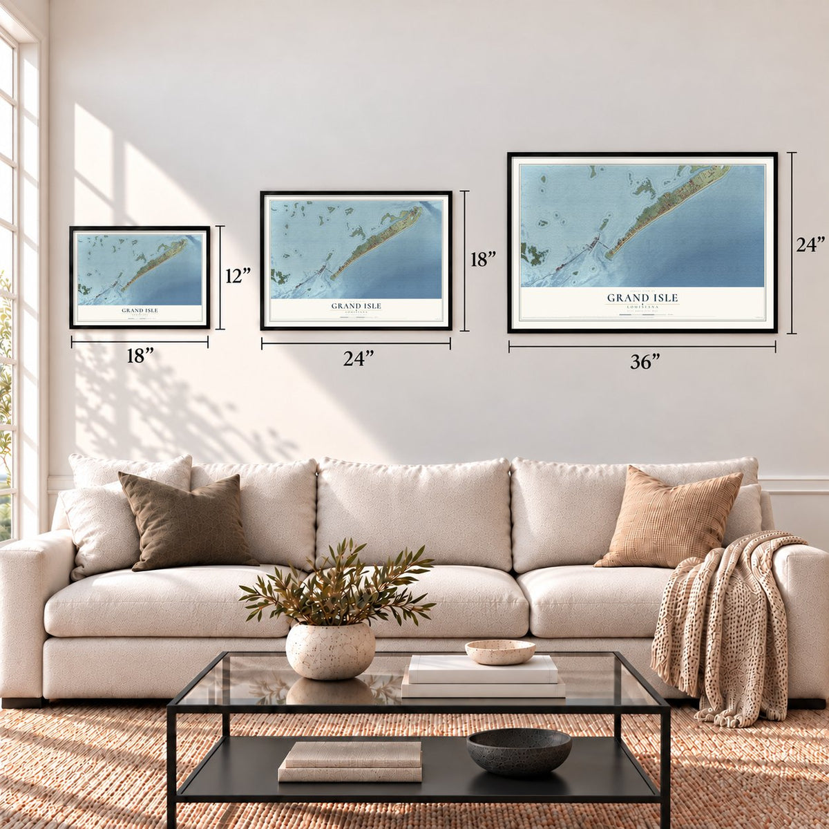 Grand Isle, Louisiana map in 12 x 18, 18 x 24 and 24 x 36 inch sizes above a sofa