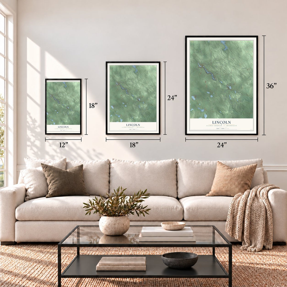 Lincoln, Clare County, Michigan map in 12 x 18, 18 x 24 and 24 x 36 inch sizes above a sofa
