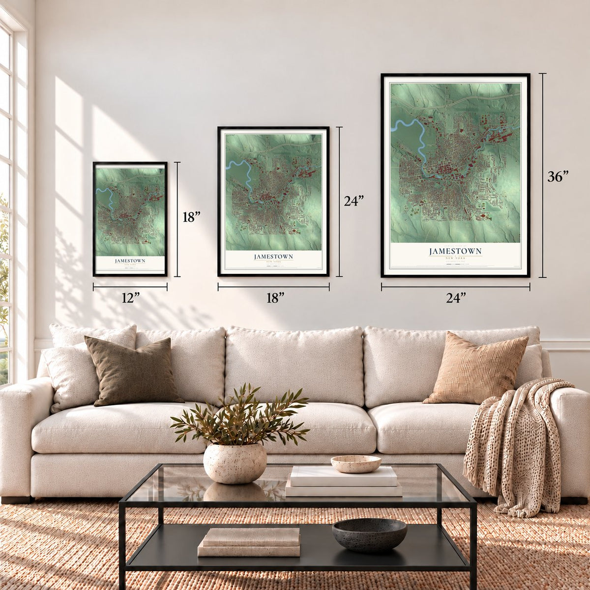 Jamestown, New York map in 12 x 18, 18 x 24 and 24 x 36 inch sizes above a sofa