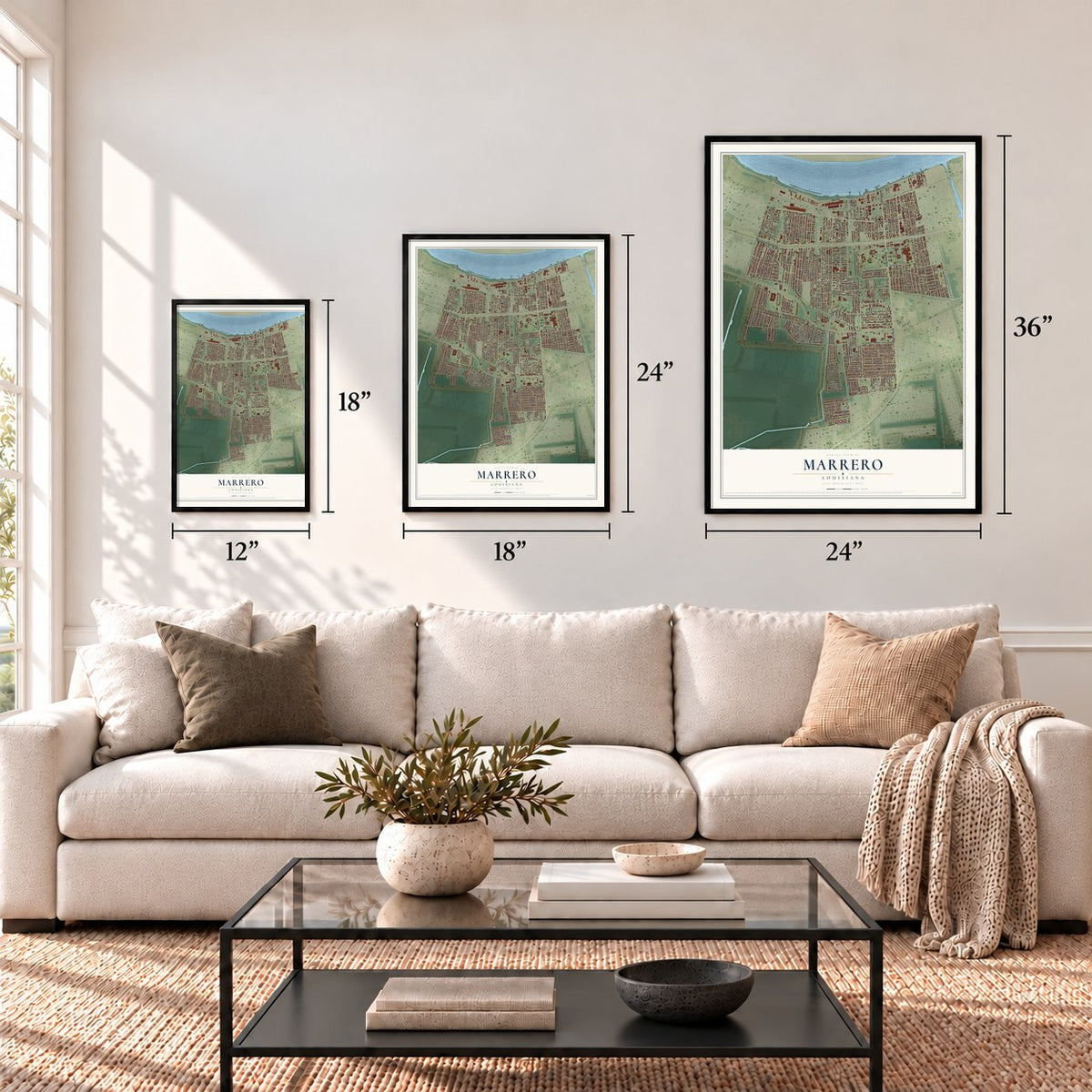 Marrero, Louisiana map in 12 x 18, 18 x 24 and 24 x 36 inch sizes above a sofa