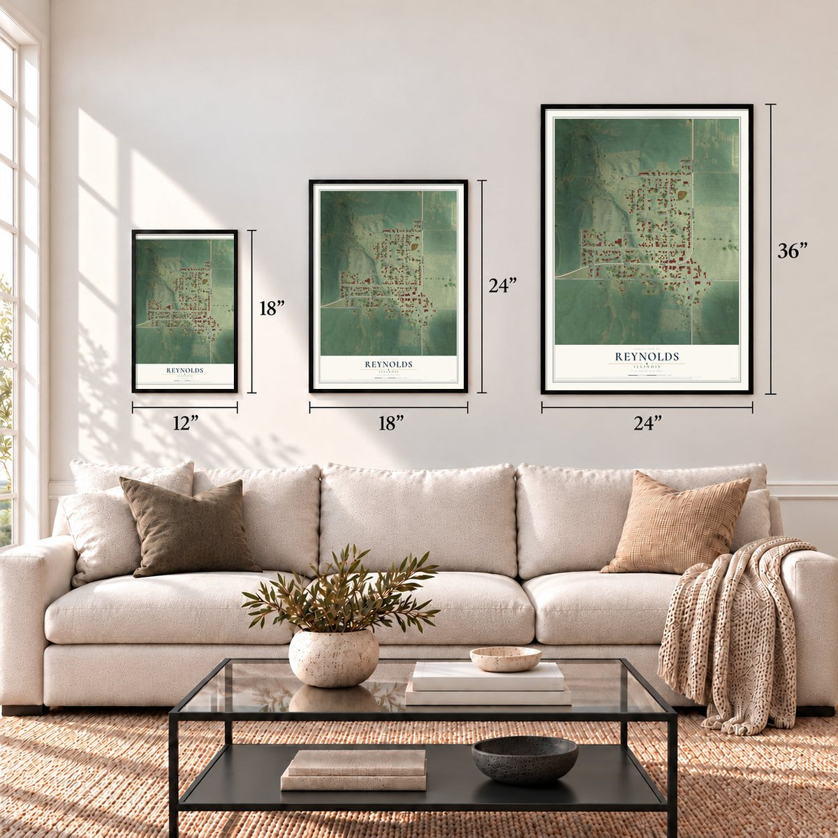 Reynolds, Illinois map in 12 x 18, 18 x 24 and 24 x 36 inch sizes above a sofa