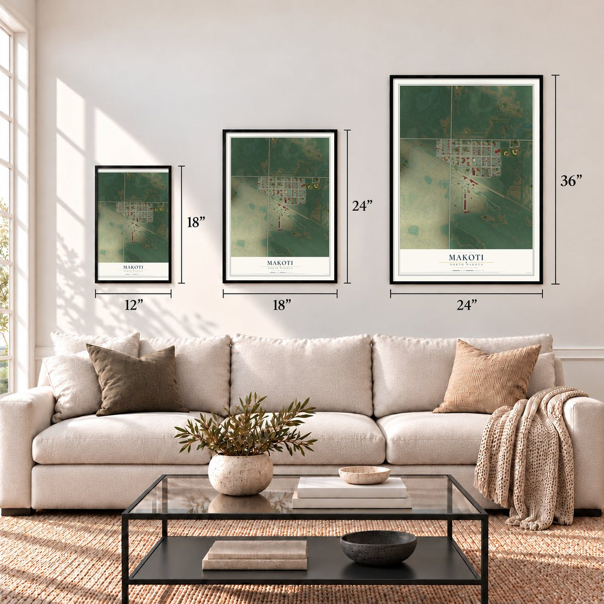 Makoti, North Dakota map in 12 x 18, 18 x 24 and 24 x 36 inch sizes above a sofa