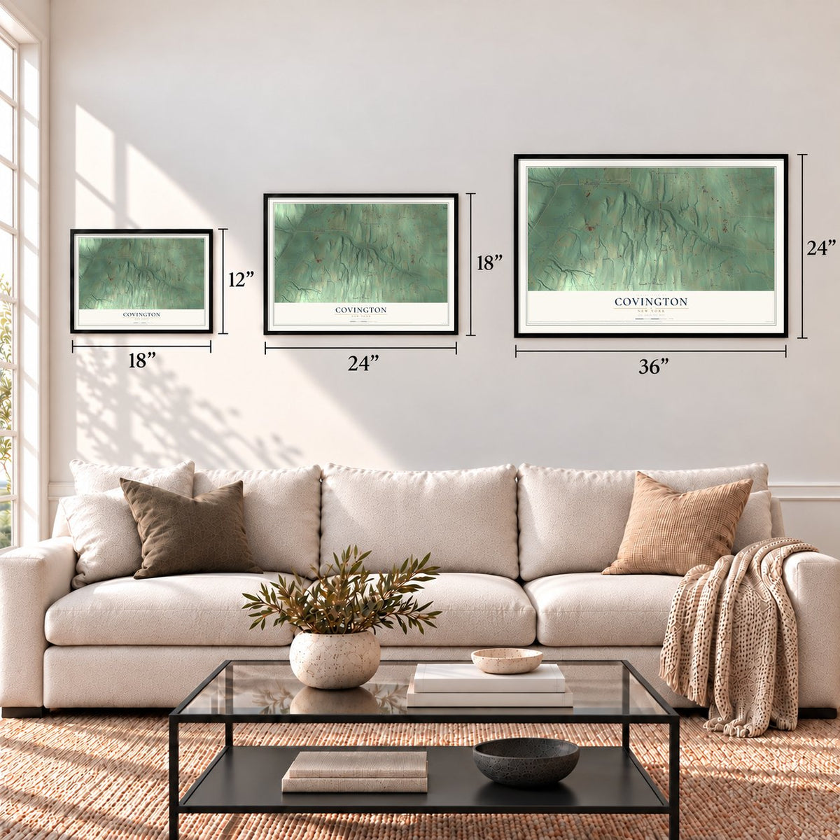 Covington, New York map in 12 x 18, 18 x 24 and 24 x 36 inch sizes above a sofa