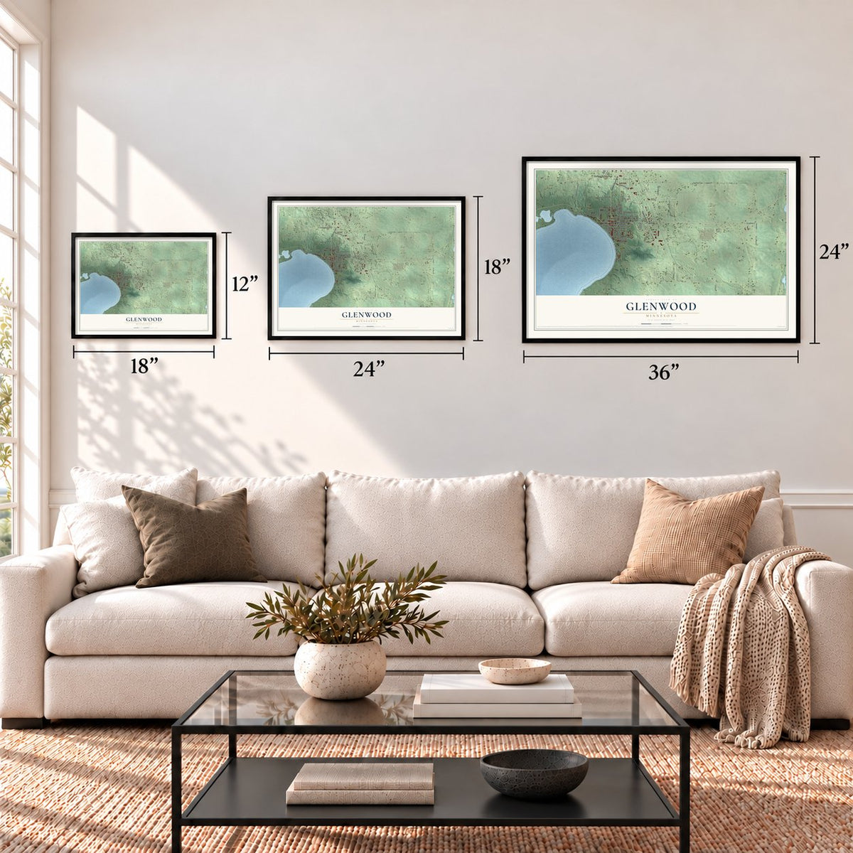 Glenwood, Minnesota map in 12 x 18, 18 x 24 and 24 x 36 inch sizes above a sofa