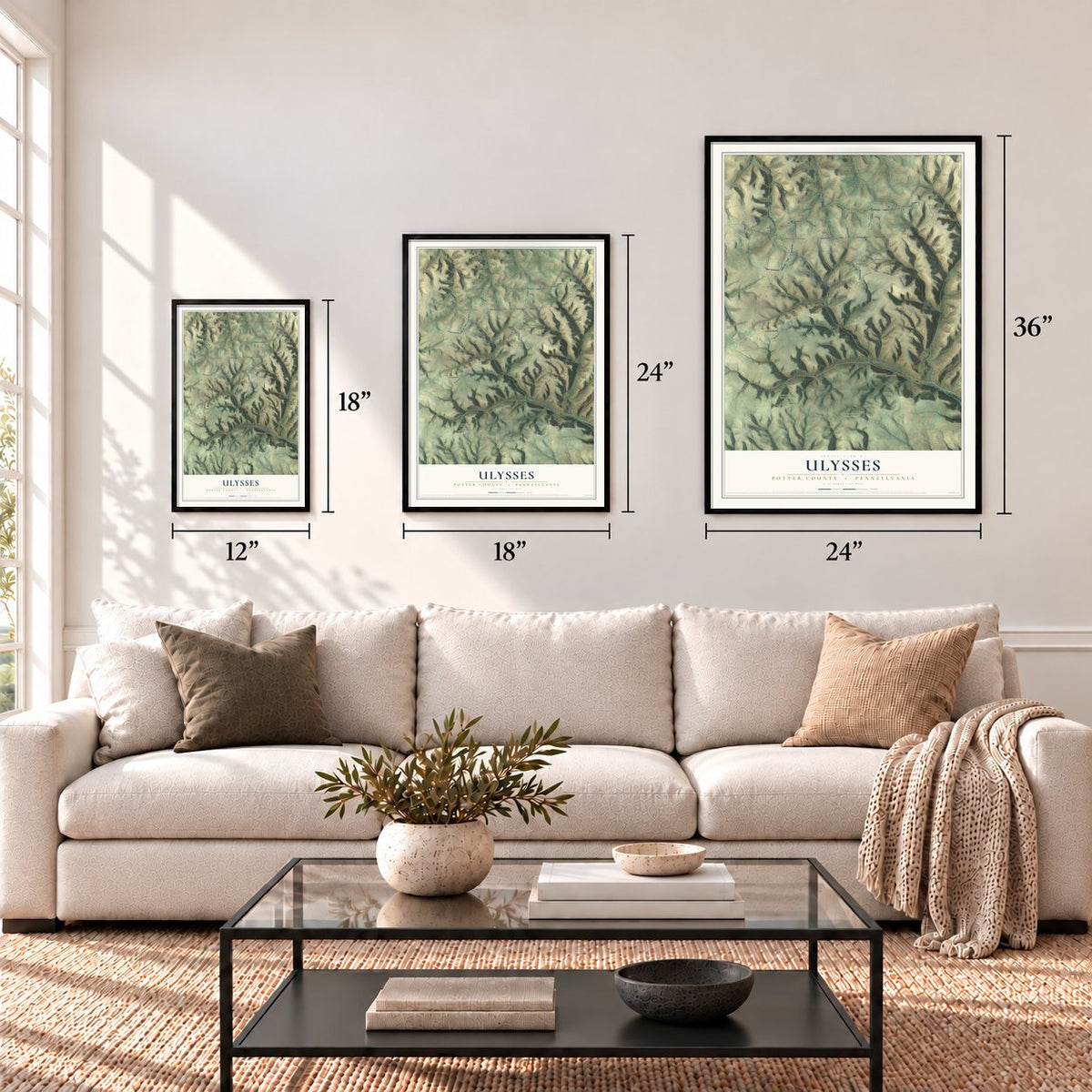 Ulysses, Potter County, Pennsylvania map in 12 x 18, 18 x 24 and 24 x 36 inch sizes above a sofa