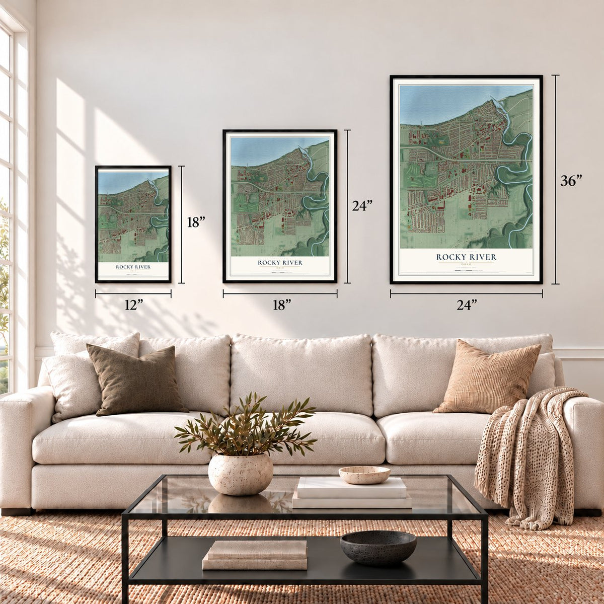 Rocky River, Ohio map in 12 x 18, 18 x 24 and 24 x 36 inch sizes above a sofa