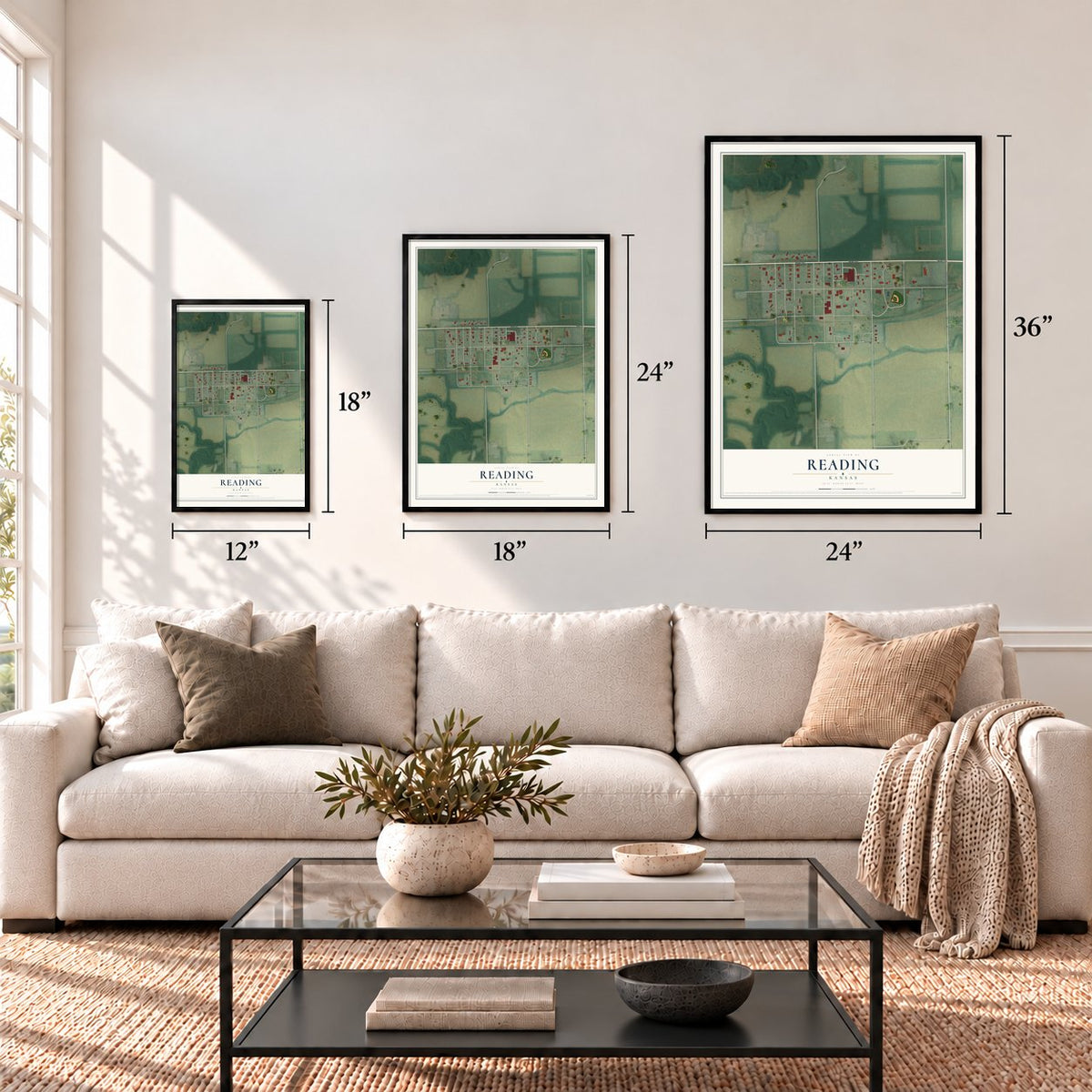 Reading, Kansas map in 12 x 18, 18 x 24 and 24 x 36 inch sizes above a sofa