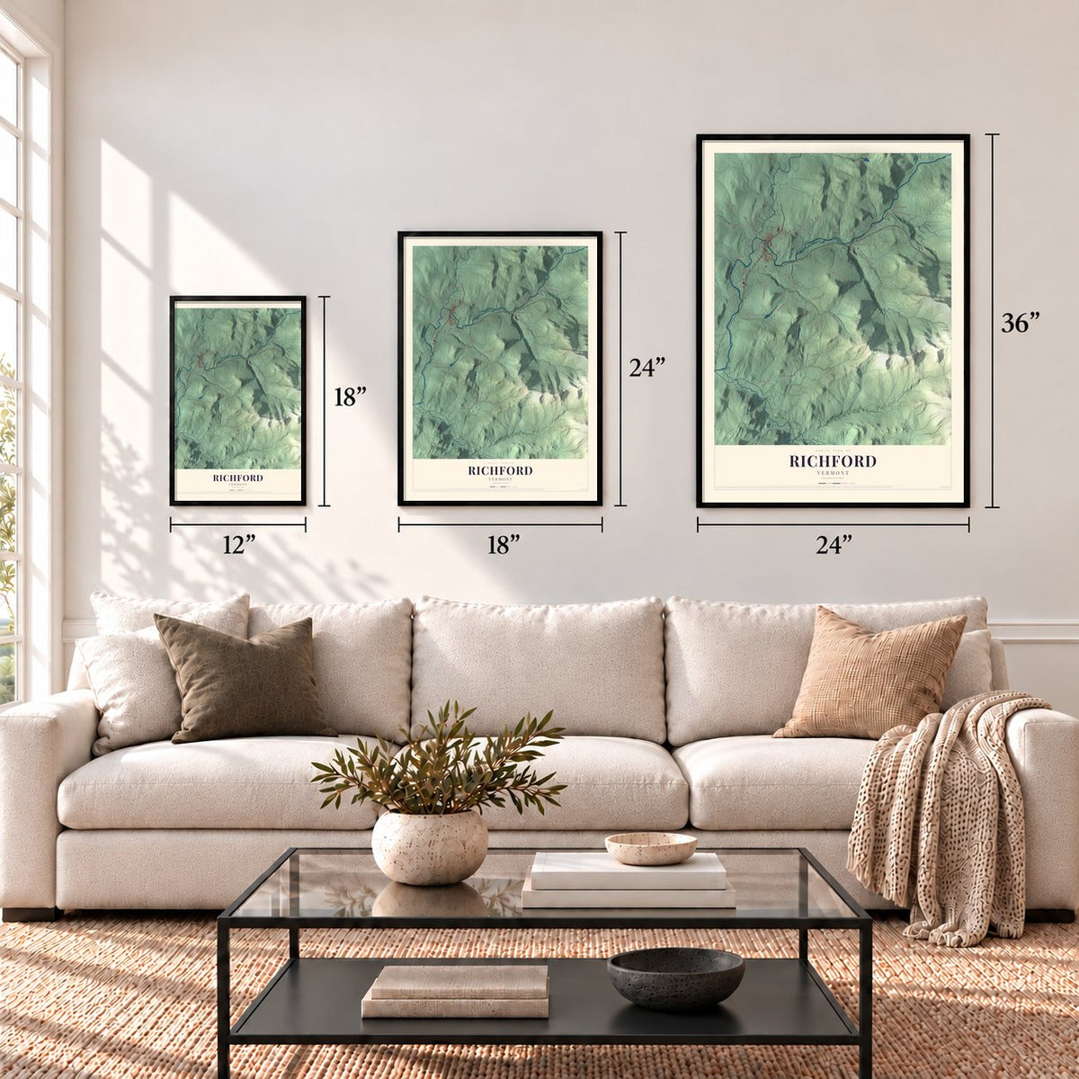 Richford, Vermont map in 12 x 18, 18 x 24 and 24 x 36 inch sizes above a sofa