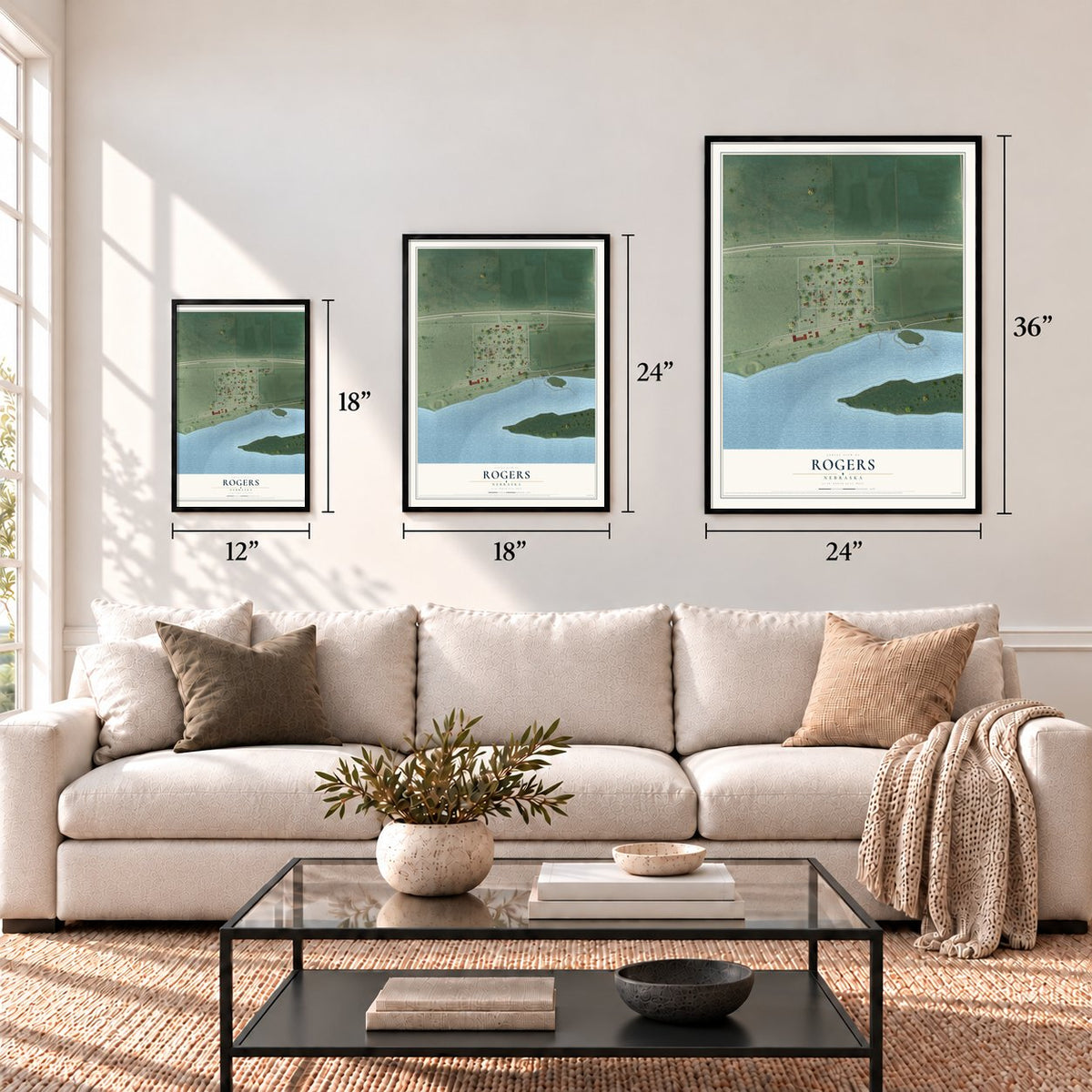 Rogers, Nebraska map in 12 x 18, 18 x 24 and 24 x 36 inch sizes above a sofa