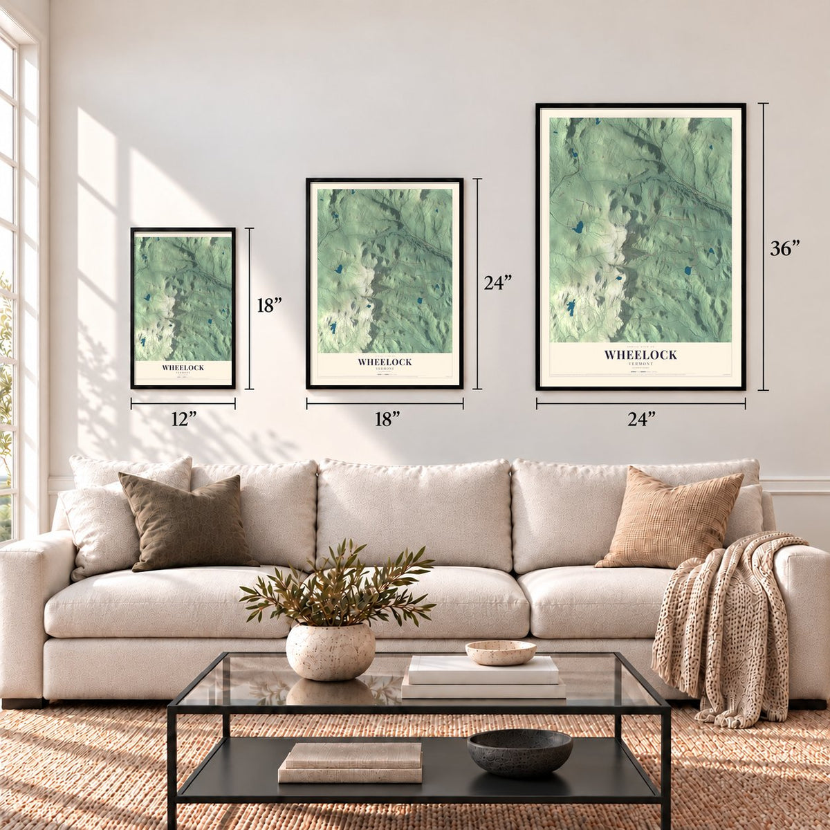 Wheelock, Vermont map in 12 x 18, 18 x 24 and 24 x 36 inch sizes above a sofa