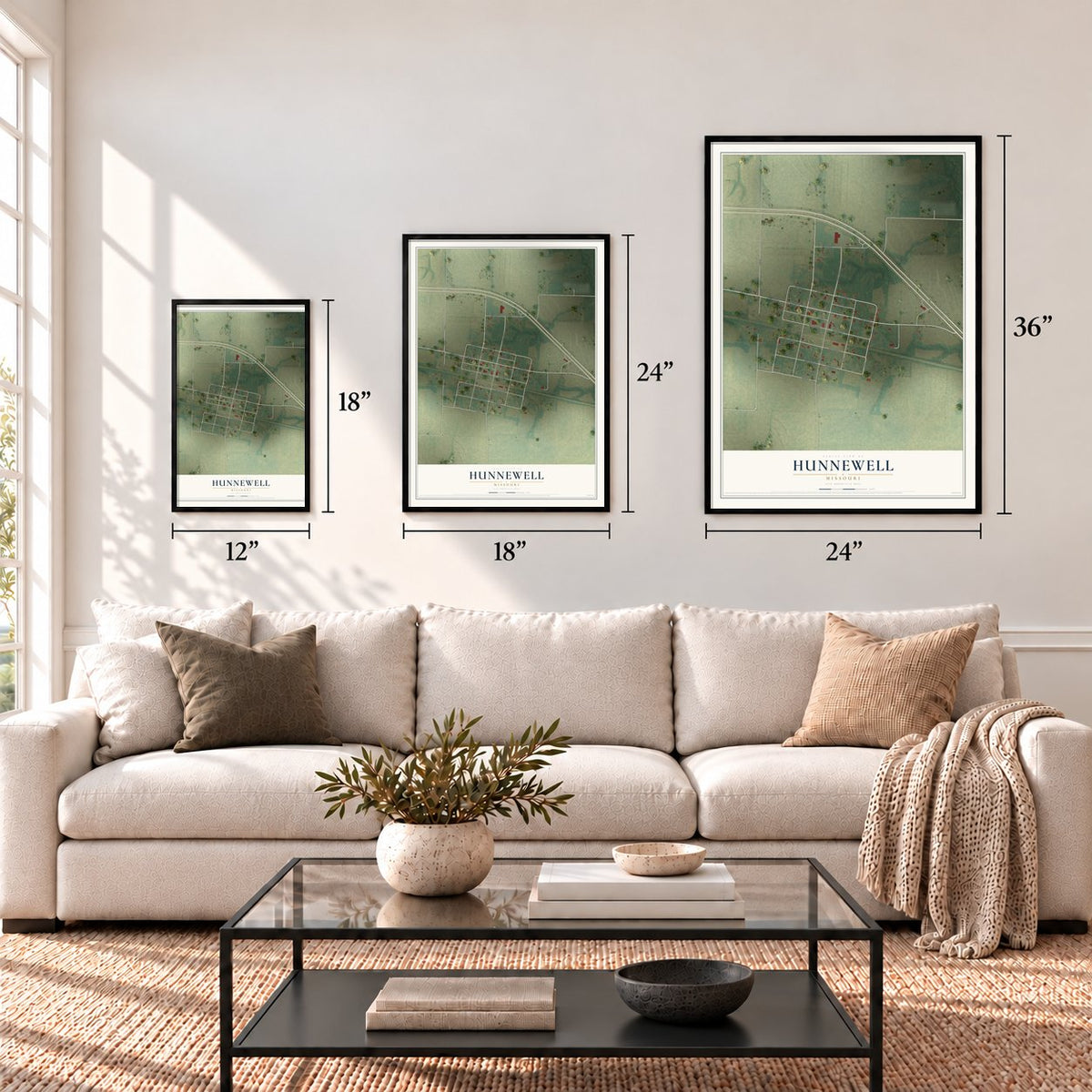 Hunnewell, Missouri map in 12 x 18, 18 x 24 and 24 x 36 inch sizes above a sofa