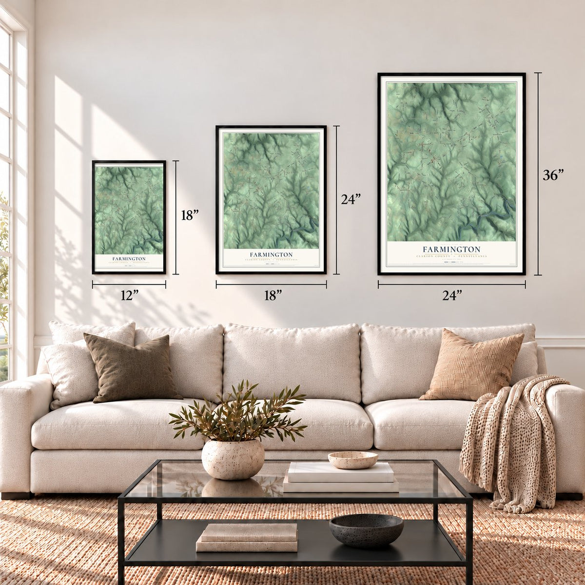 Farmington, Clarion County, Pennsylvania map in 12 x 18, 18 x 24 and 24 x 36 inch sizes above a sofa