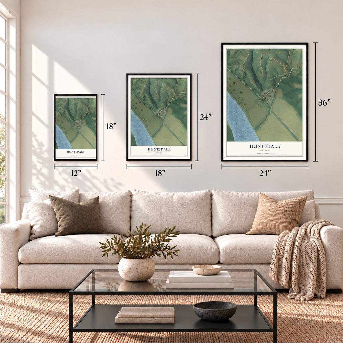 Huntsdale, Missouri map in 12 x 18, 18 x 24 and 24 x 36 inch sizes above a sofa