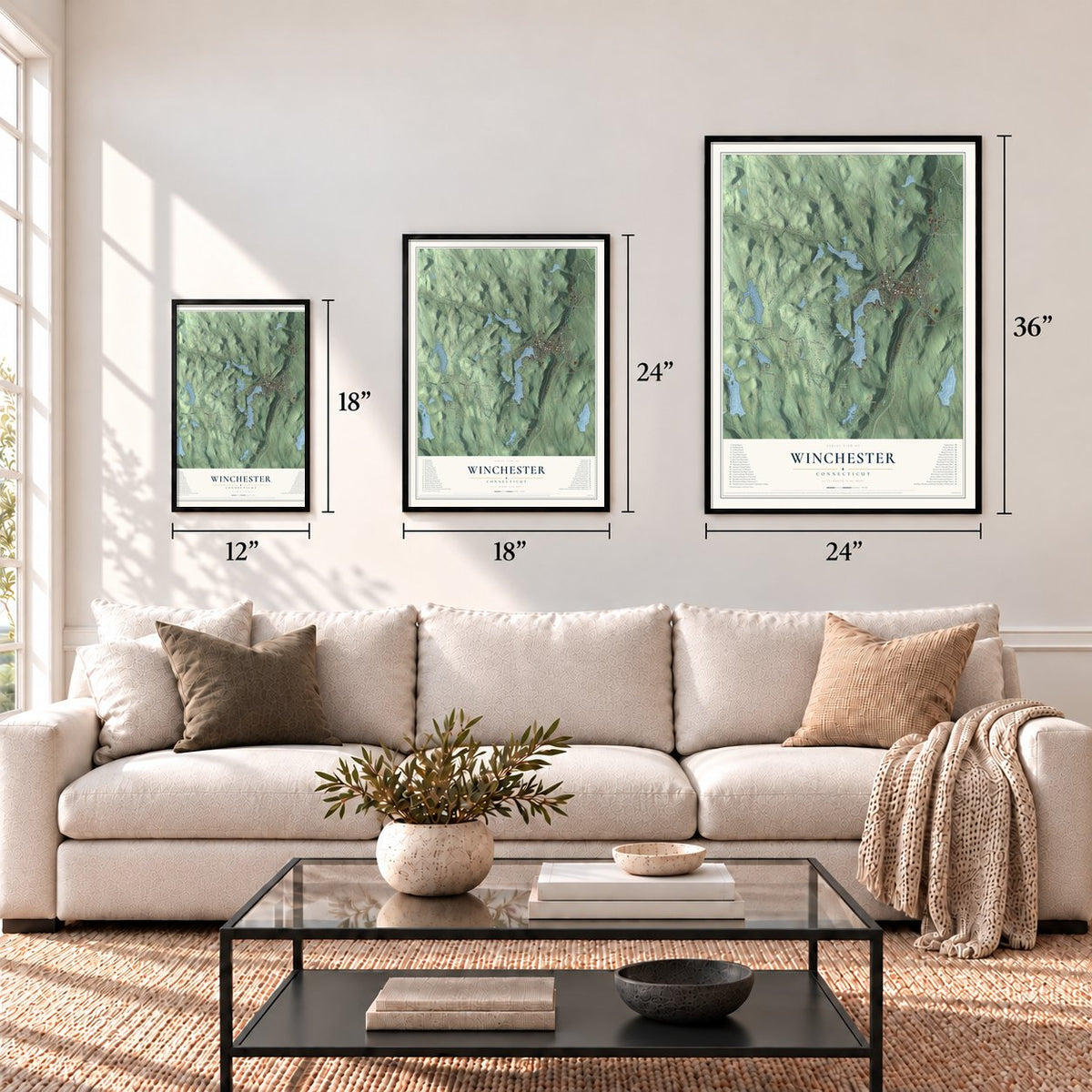 Winchester, Connecticut map in 12 x 18, 18 x 24 and 24 x 36 inch sizes above a sofa