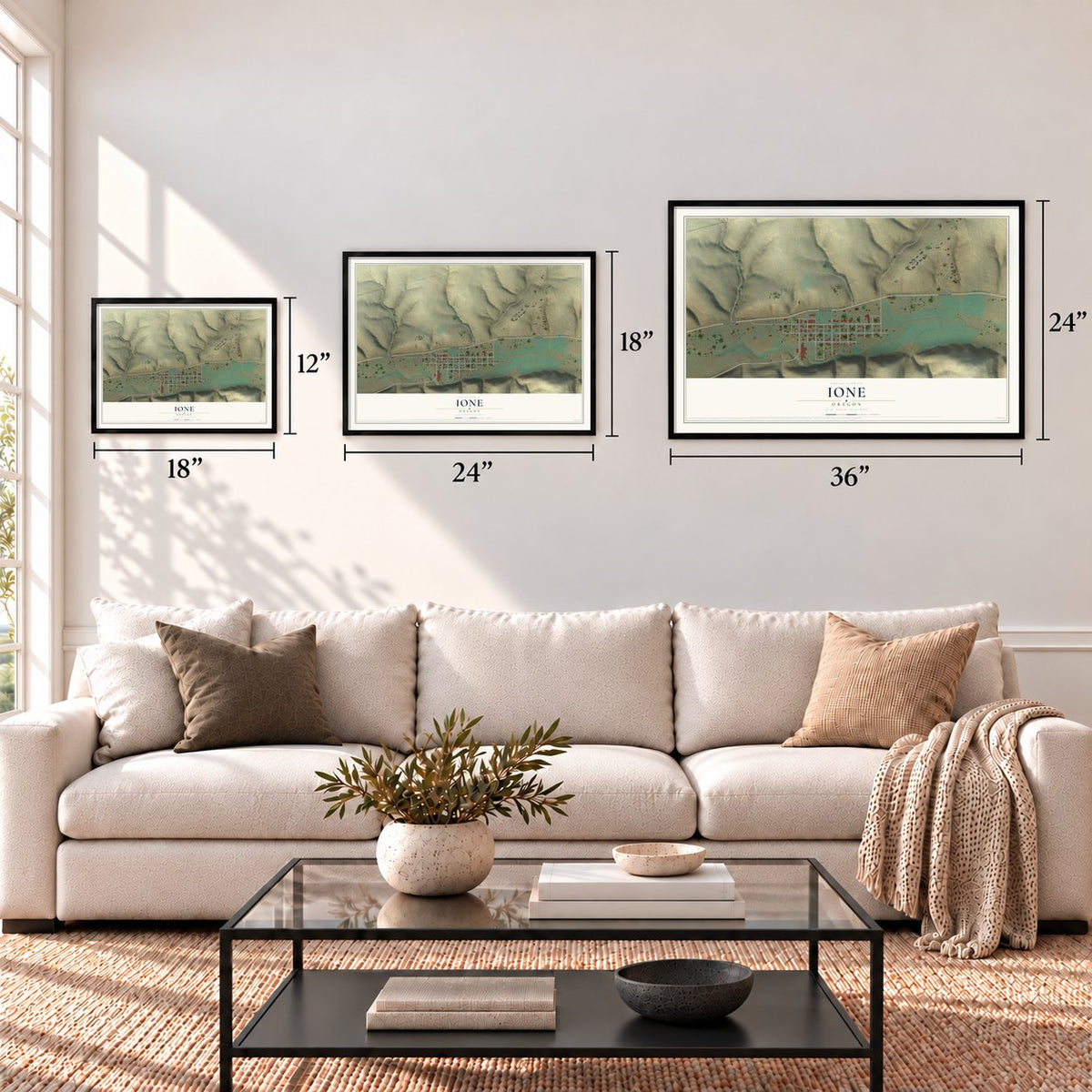Ione, Oregon map in 12 x 18, 18 x 24 and 24 x 36 inch sizes above a sofa