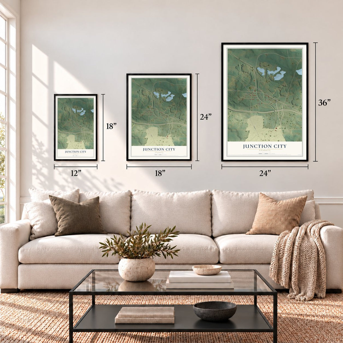 Junction City, Georgia map in 12 x 18, 18 x 24 and 24 x 36 inch sizes above a sofa