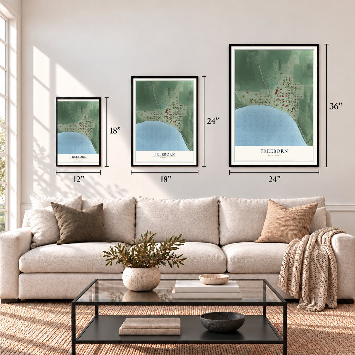 Freeborn, Minnesota map in 12 x 18, 18 x 24 and 24 x 36 inch sizes above a sofa
