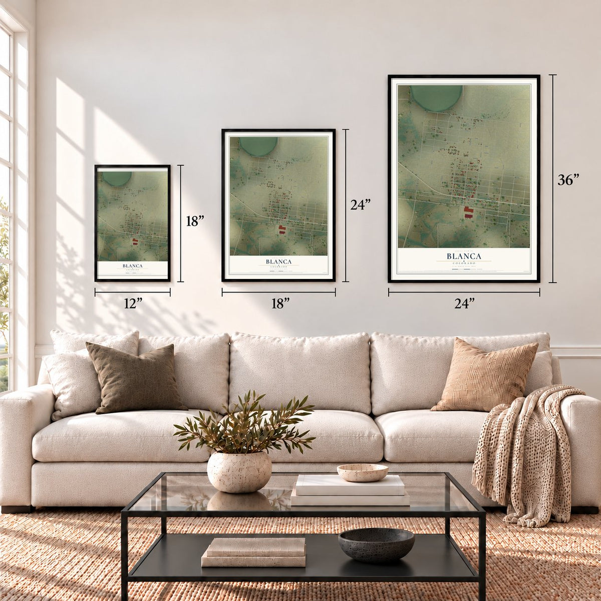 Blanca, Colorado map in 12 x 18, 18 x 24 and 24 x 36 inch sizes above a sofa