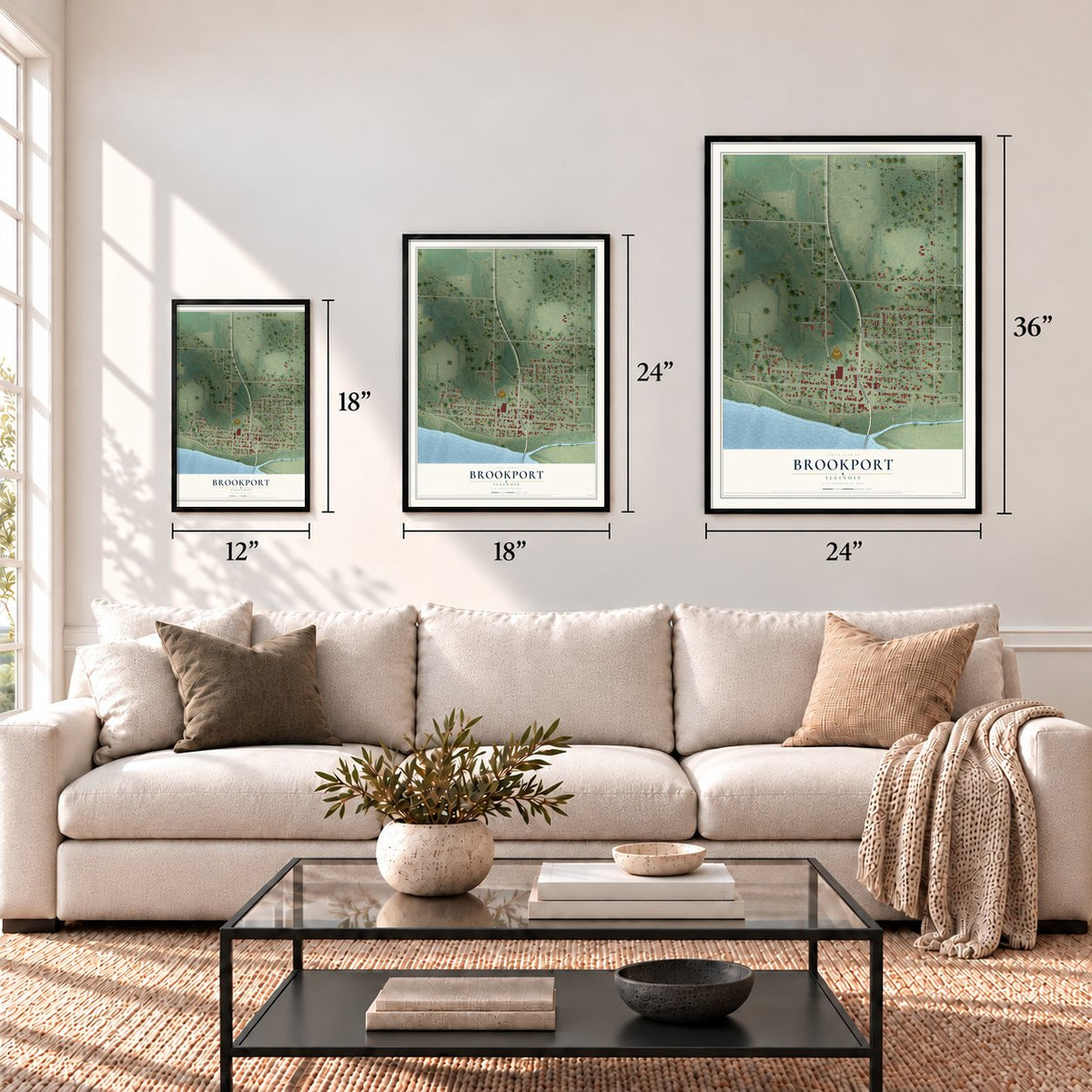 Brookport, Illinois map in 12 x 18, 18 x 24 and 24 x 36 inch sizes above a sofa