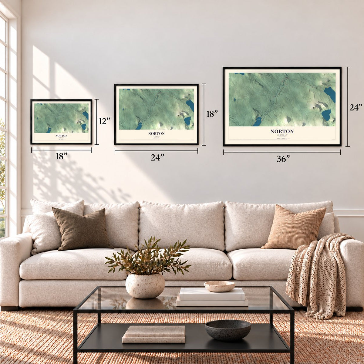 Norton, Vermont map in 12 x 18, 18 x 24 and 24 x 36 inch sizes above a sofa