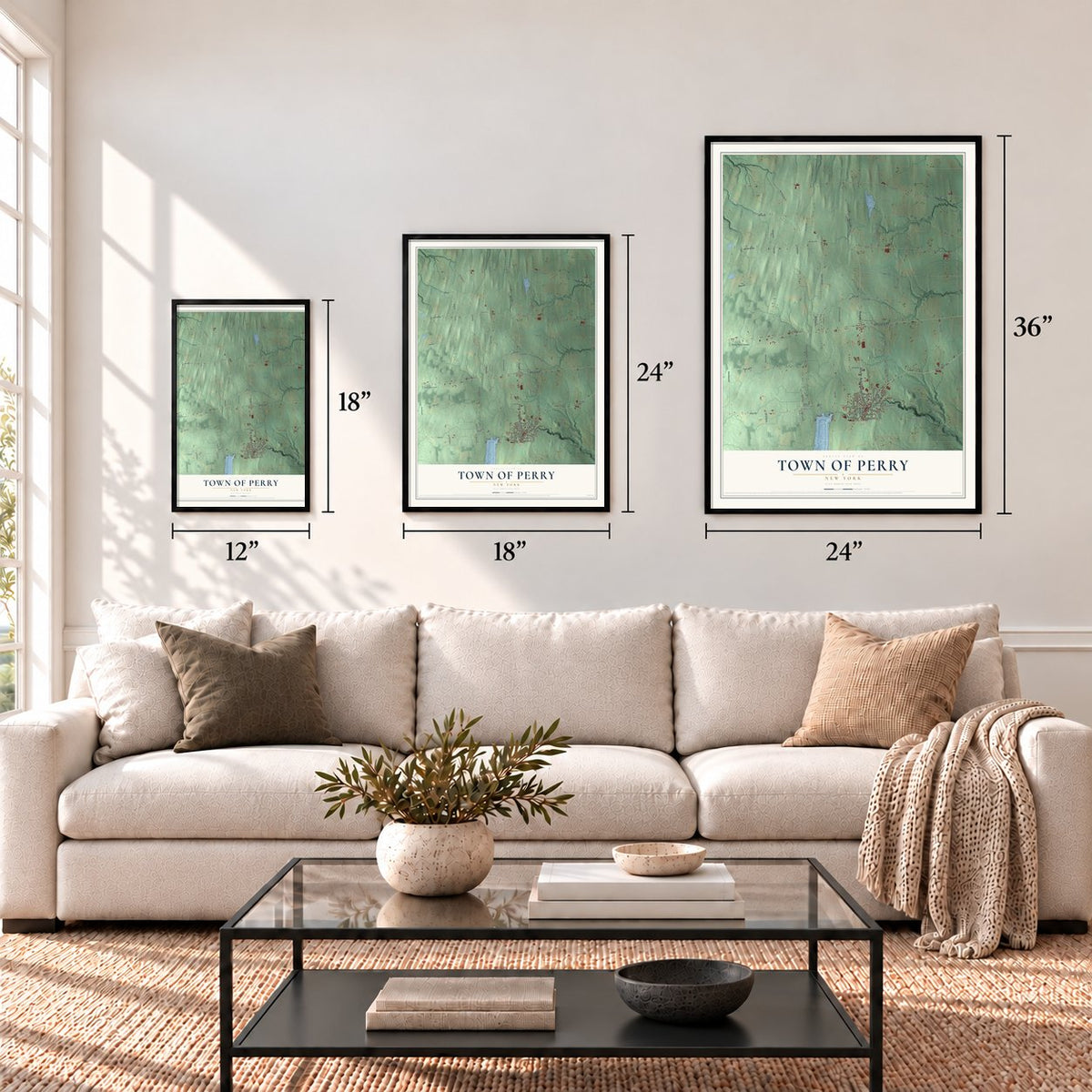 Town of Perry, New York map in 12 x 18, 18 x 24 and 24 x 36 inch sizes above a sofa