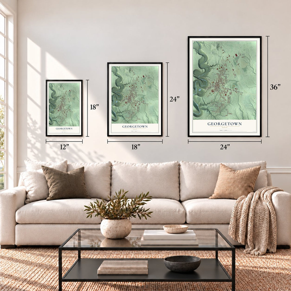 Georgetown, Ohio map in 12 x 18, 18 x 24 and 24 x 36 inch sizes above a sofa