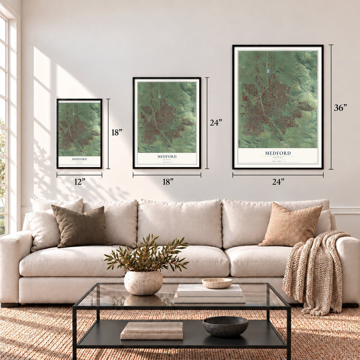 Medford, Oregon map in 12 x 18, 18 x 24 and 24 x 36 inch sizes above a sofa