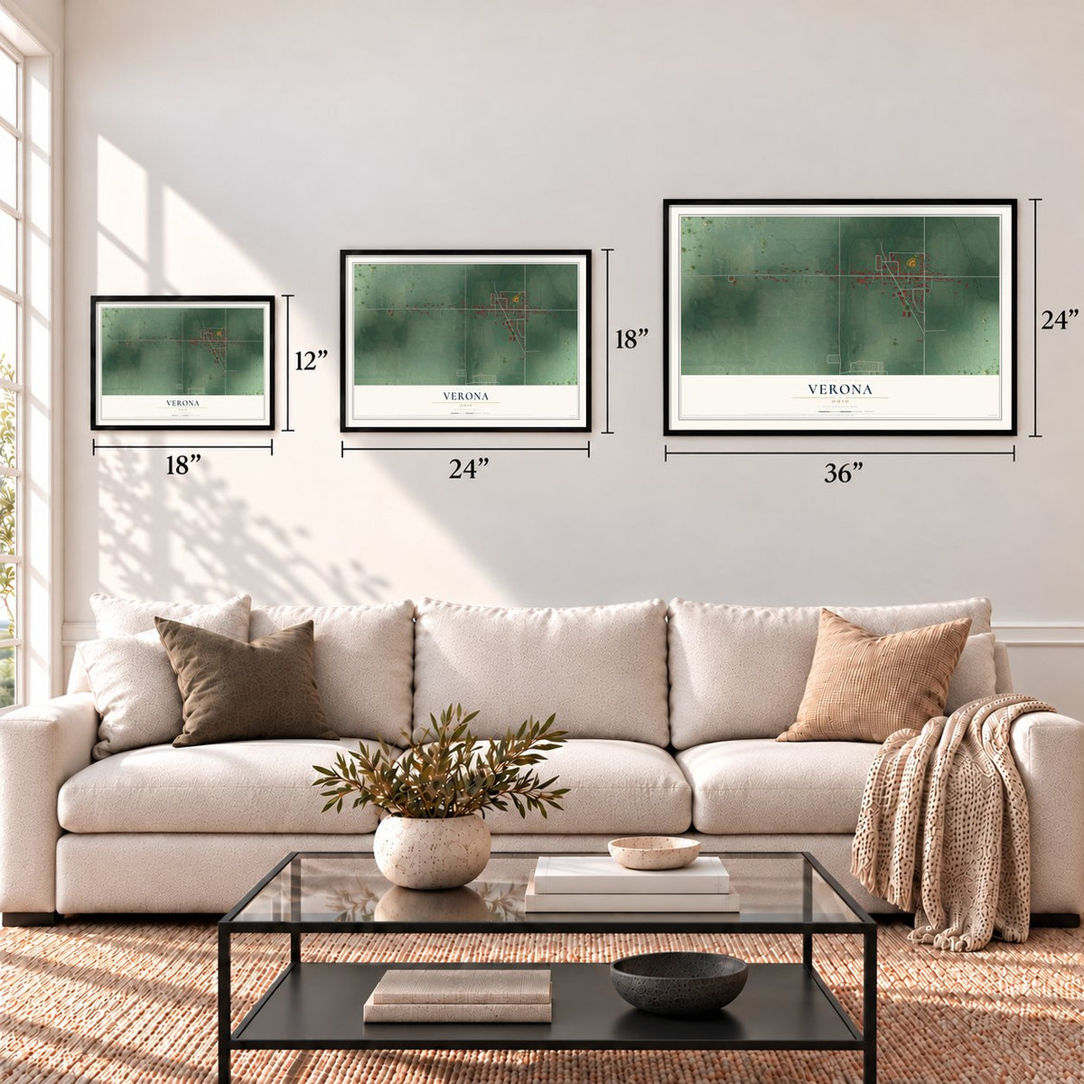 Verona, Ohio map in 12 x 18, 18 x 24 and 24 x 36 inch sizes above a sofa