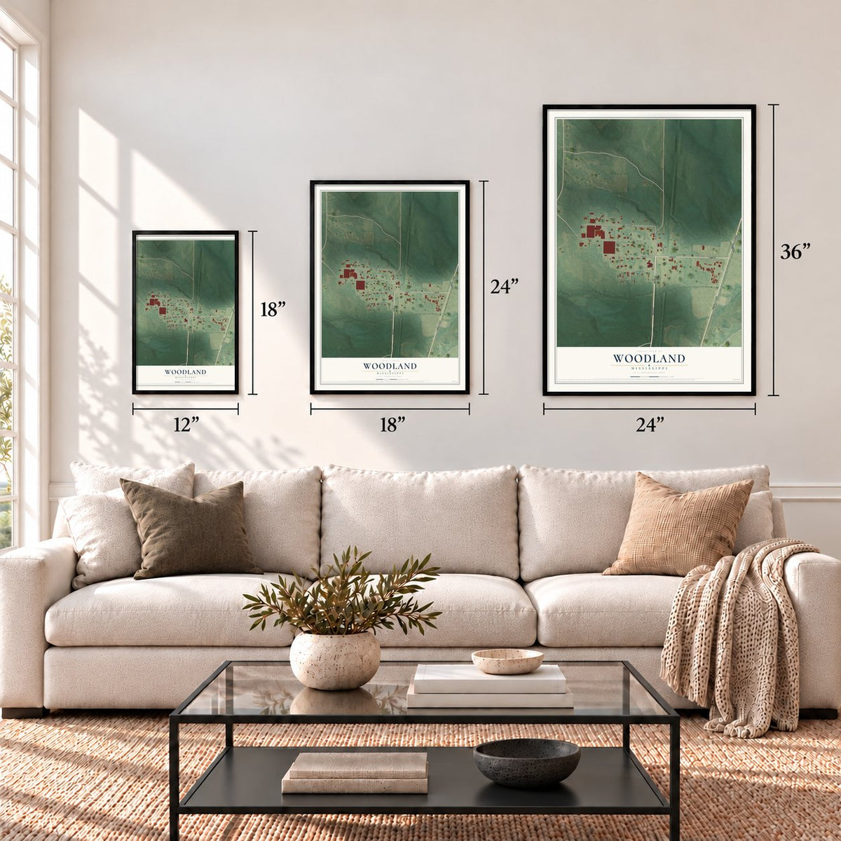 Woodland, Mississippi map in 12 x 18, 18 x 24 and 24 x 36 inch sizes above a sofa