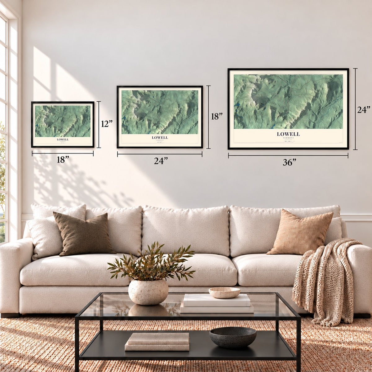 Lowell, Vermont map in 12 x 18, 18 x 24 and 24 x 36 inch sizes above a sofa