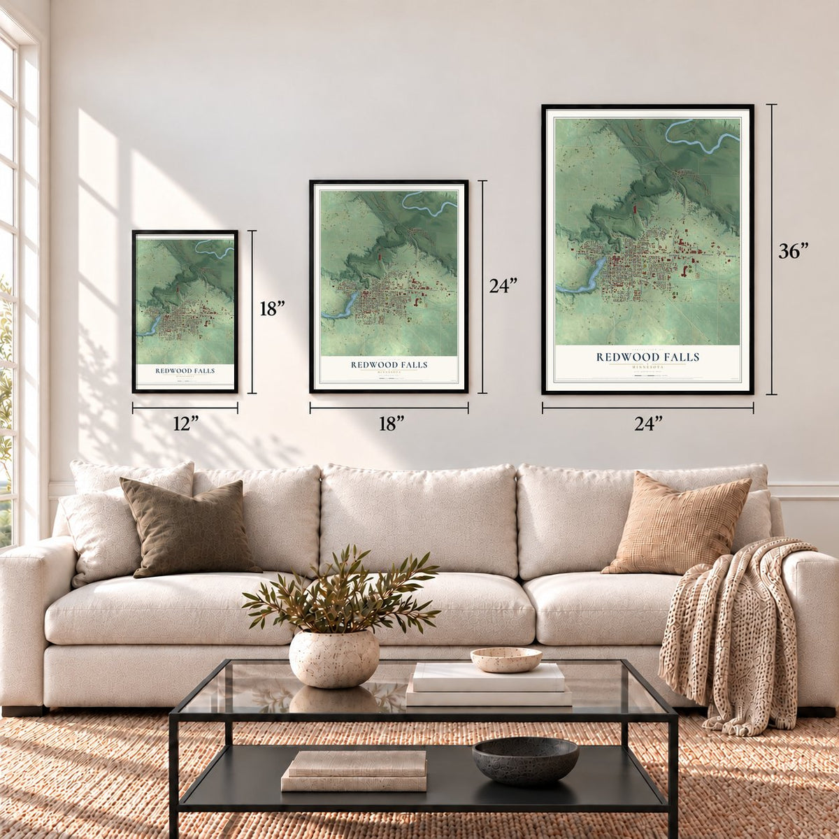 Redwood Falls, Minnesota map in 12 x 18, 18 x 24 and 24 x 36 inch sizes above a sofa