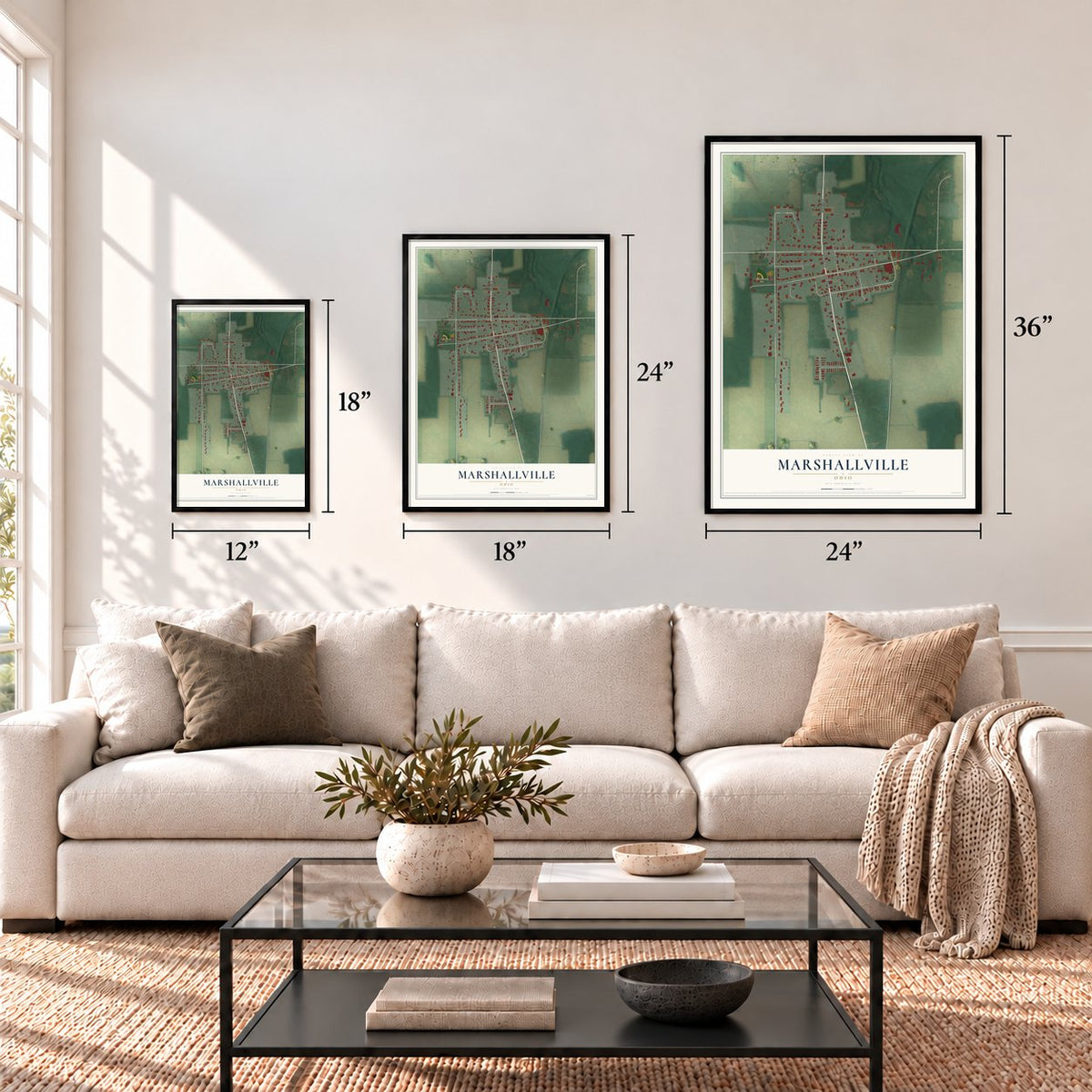 Marshallville, Ohio map in 12 x 18, 18 x 24 and 24 x 36 inch sizes above a sofa