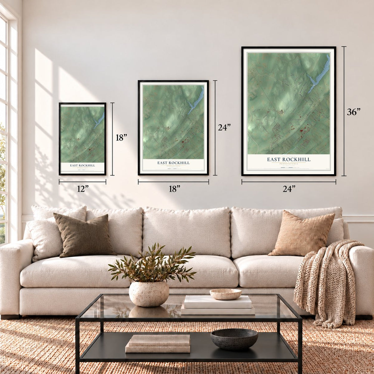 East Rockhill, Pennsylvania map in 12 x 18, 18 x 24 and 24 x 36 inch sizes above a sofa