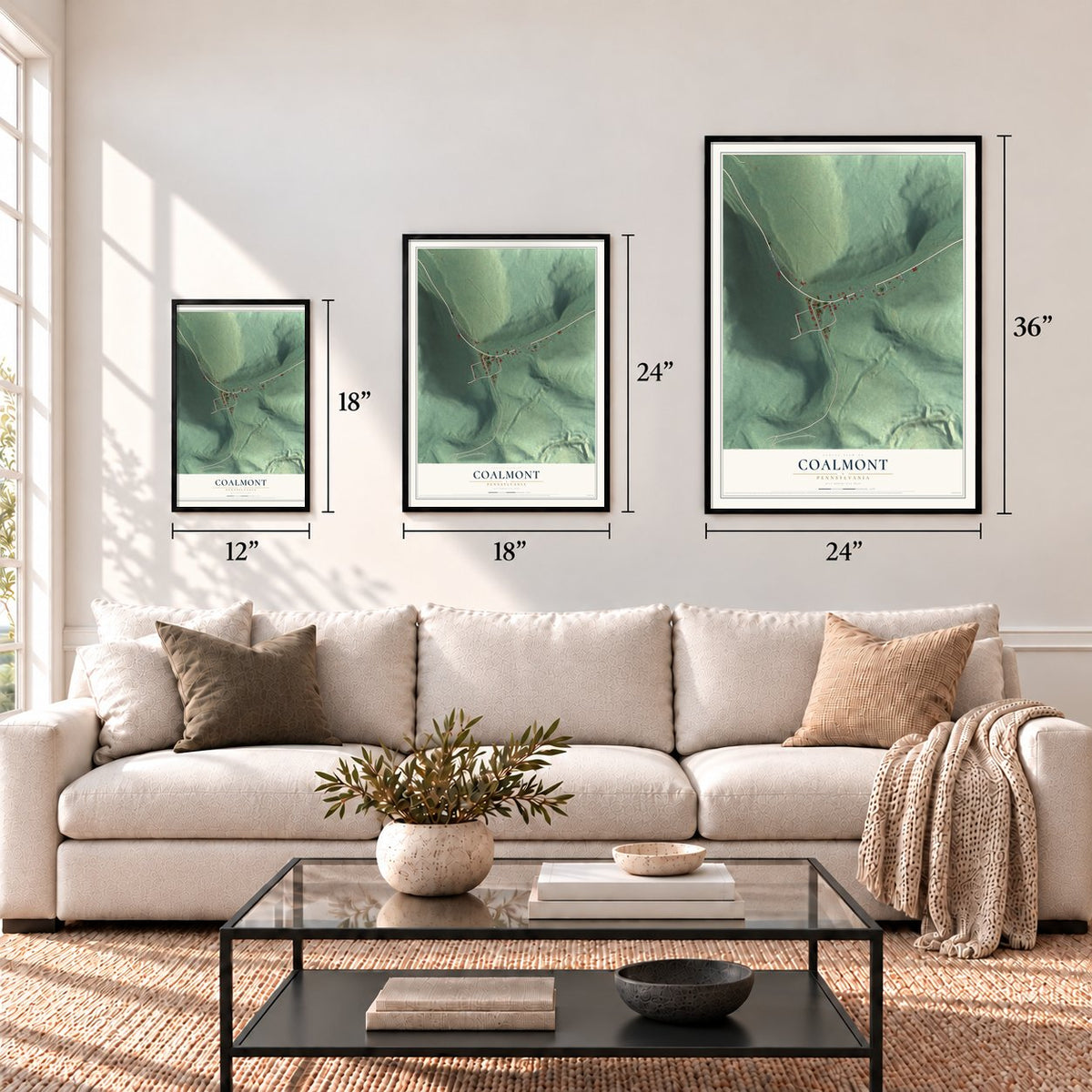 Coalmont, Pennsylvania map in 12 x 18, 18 x 24 and 24 x 36 inch sizes above a sofa