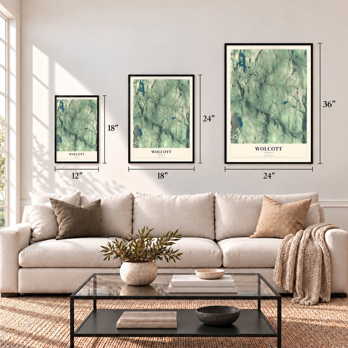 Wolcott, Vermont map in 12 x 18, 18 x 24 and 24 x 36 inch sizes above a sofa